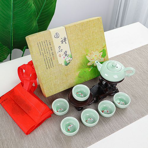 青瓷鲤鱼一壶六杯活动送礼厂家批发功夫整套茶具礼盒装伴手礼品8